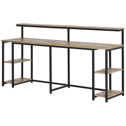 Double Desk with Shelves and Monitor Shelf in Industrial Style, Desk with Space-Saving Bookshelf for Office and Study in Metal and MDF, 200x53x100cm, Brown