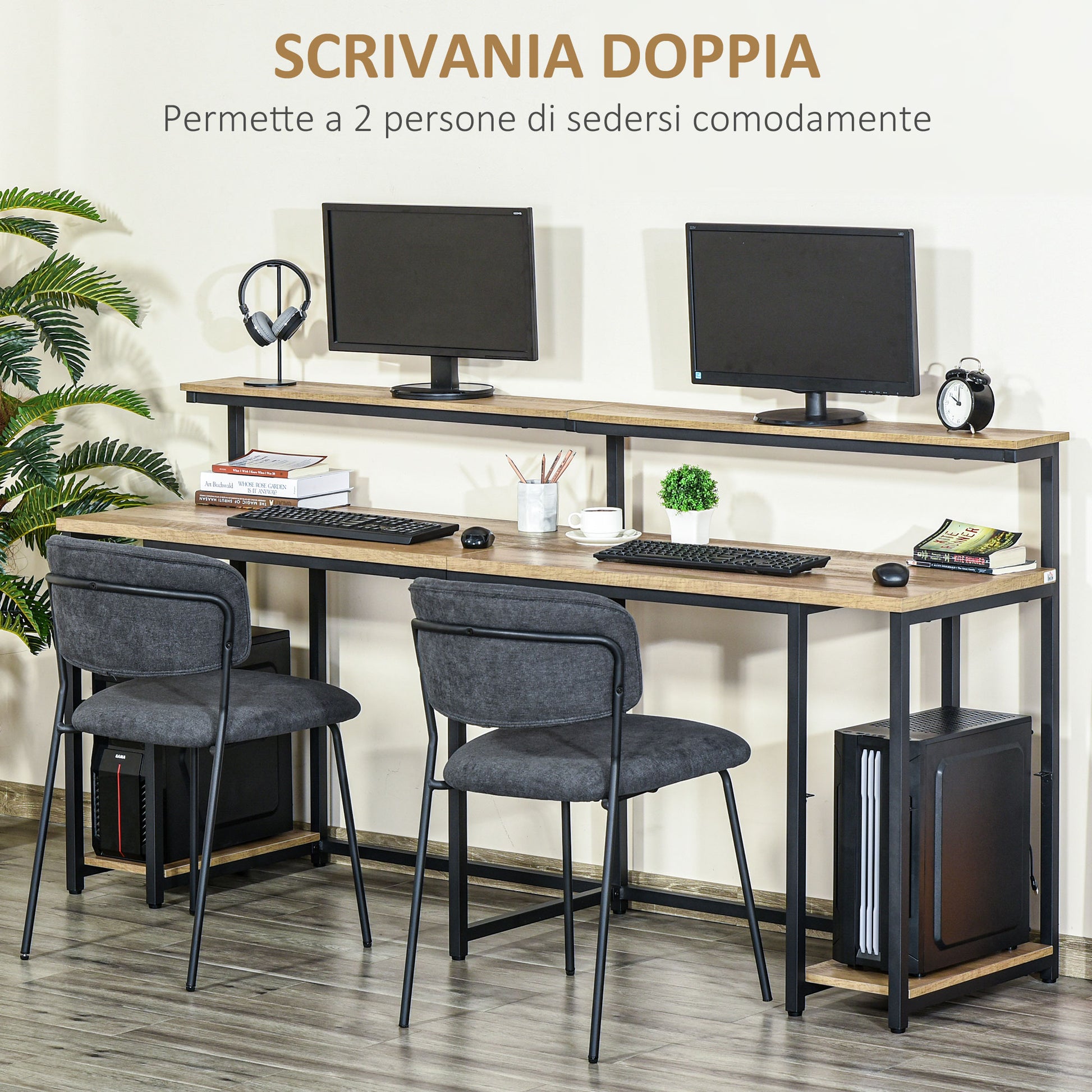 Double Desk with Shelves and Monitor Shelf in Industrial Style, Desk with Space-Saving Bookshelf for Office and Study in Metal and MDF, 200x53x100cm, Brown