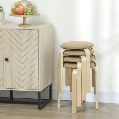 Set of 4 Stackable Round Wooden Stools Low Kitchen Stools with Padded Seat for Dining Room Bedroom Office Living Room Khaki and Natural
