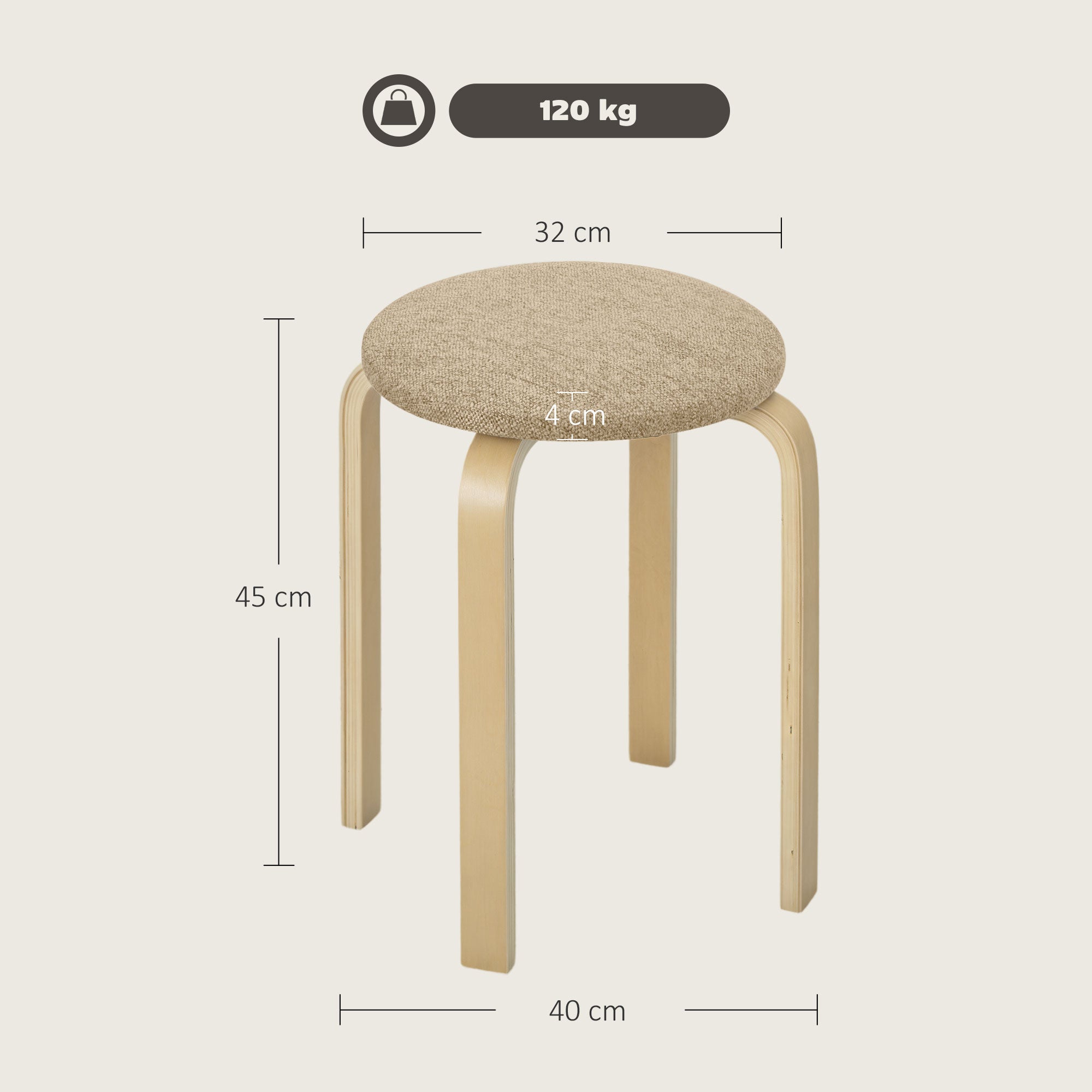 Set of 4 Stackable Round Wooden Stools Low Kitchen Stools with Padded Seat for Dining Room Bedroom Office Living Room Khaki and Natural