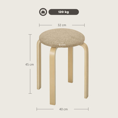 Set of 4 Stackable Round Wooden Stools Low Kitchen Stools with Padded Seat for Dining Room Bedroom Office Living Room Khaki and Natural