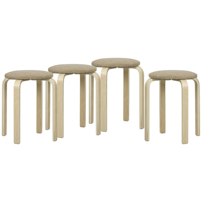 Set of 4 Stackable Round Wooden Stools Low Kitchen Stools with Padded Seat for Dining Room Bedroom Office Living Room Khaki and Natural