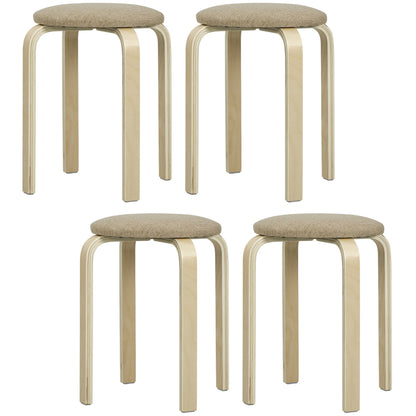 Set of 4 Stackable Round Wooden Stools Low Kitchen Stools with Padded Seat for Dining Room Bedroom Office Living Room Khaki and Natural