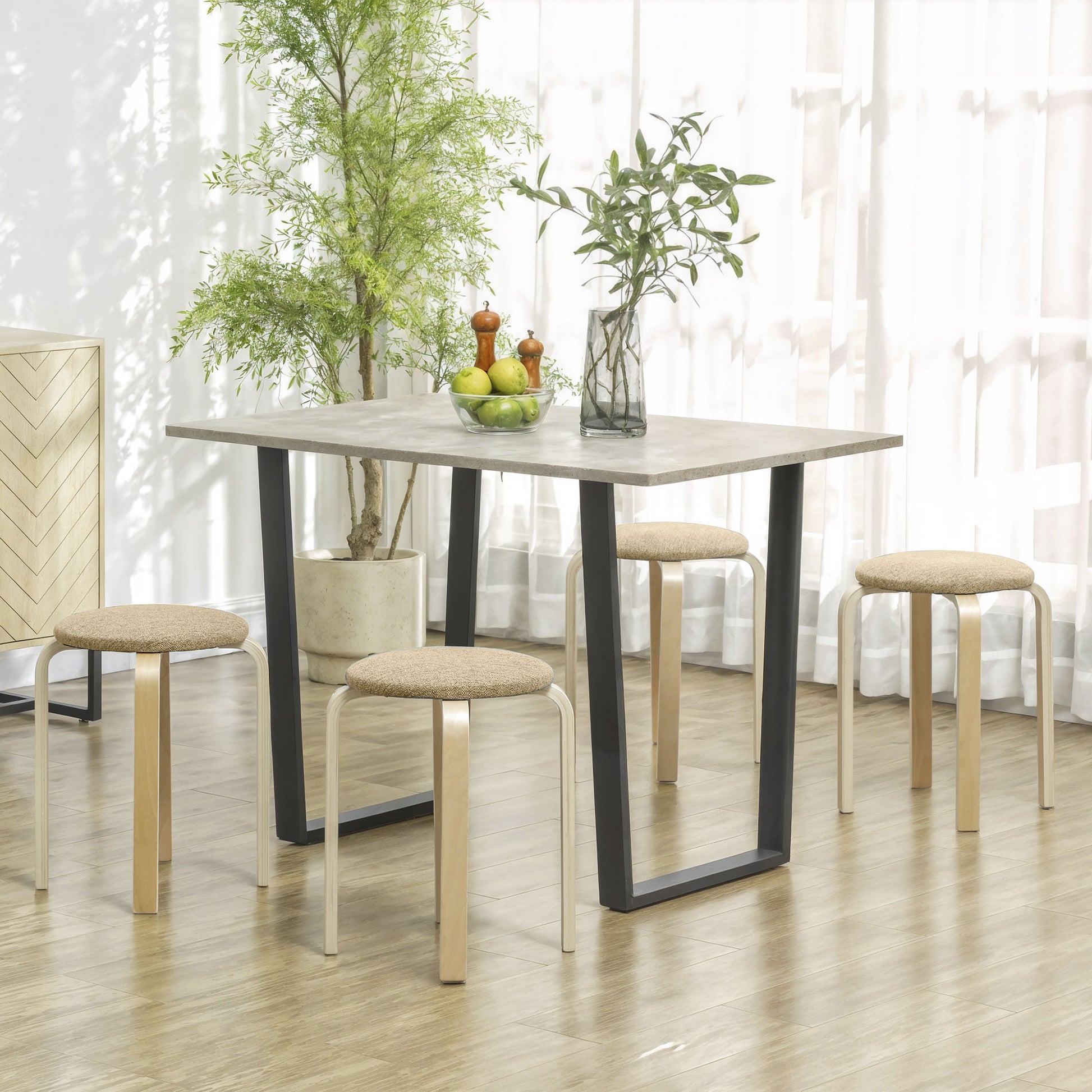 Set of 4 Stackable Round Wooden Stools Low Kitchen Stools with Padded Seat for Dining Room Bedroom Office Living Room Khaki and Natural