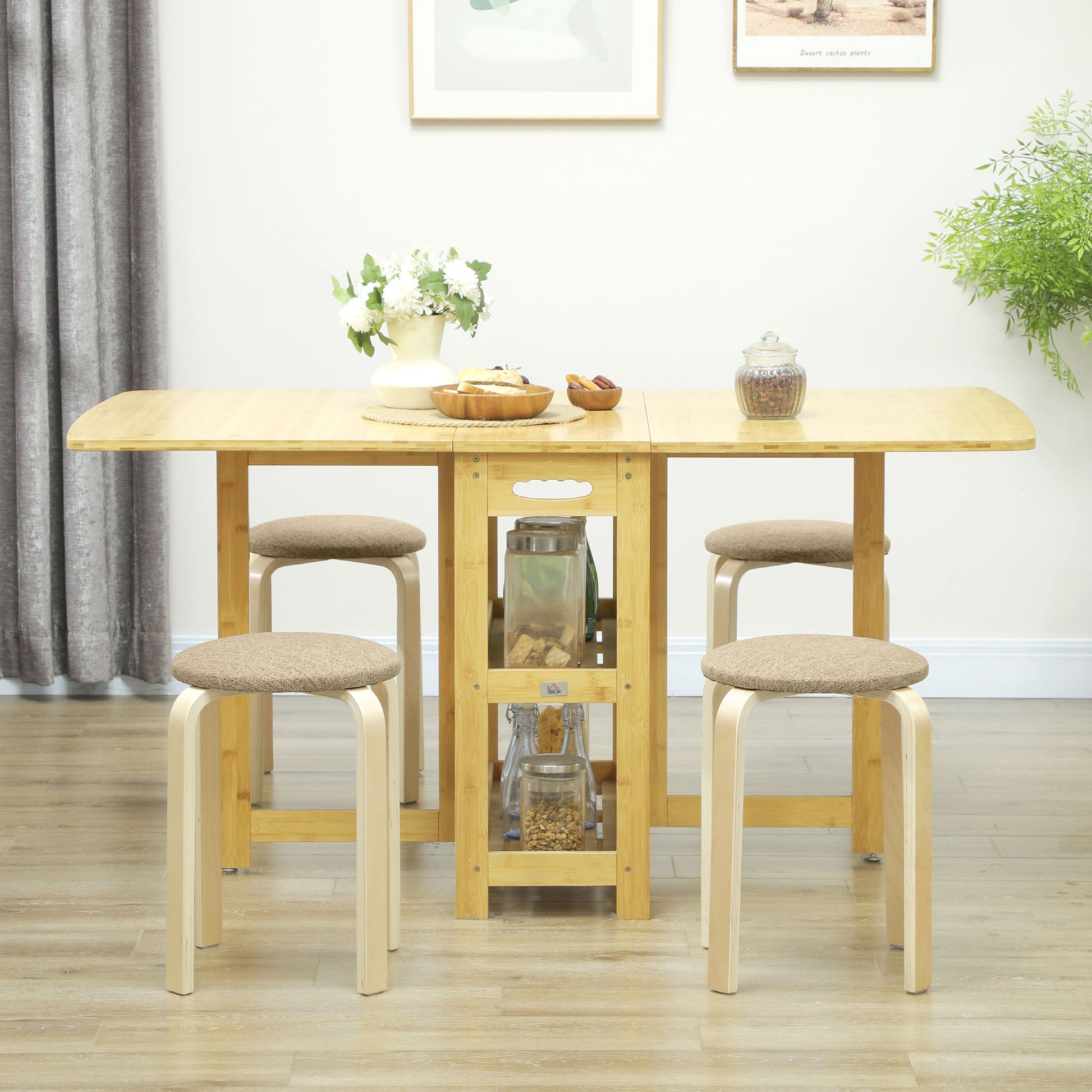 Set of 4 Stackable Round Wooden Stools Low Kitchen Stools with Padded Seat for Dining Room Bedroom Office Living Room Khaki and Natural
