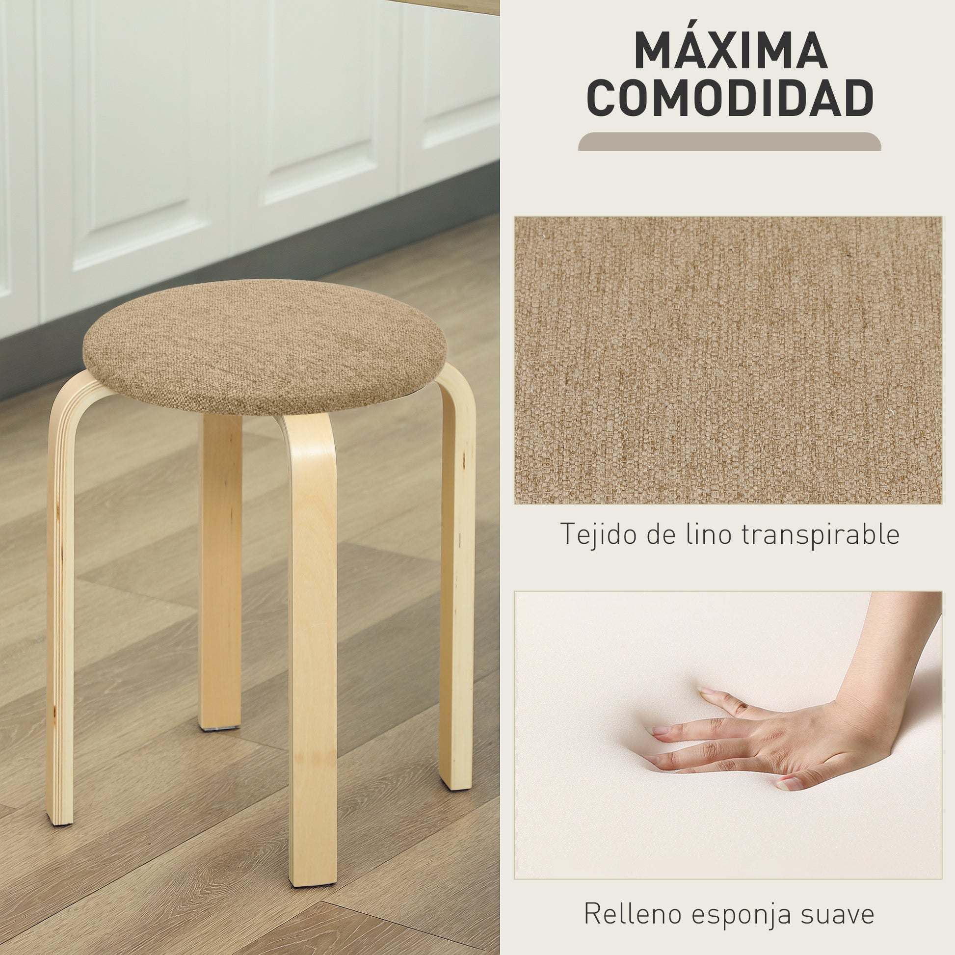 Set of 4 Stackable Round Wooden Stools Low Kitchen Stools with Padded Seat for Dining Room Bedroom Office Living Room Khaki and Natural