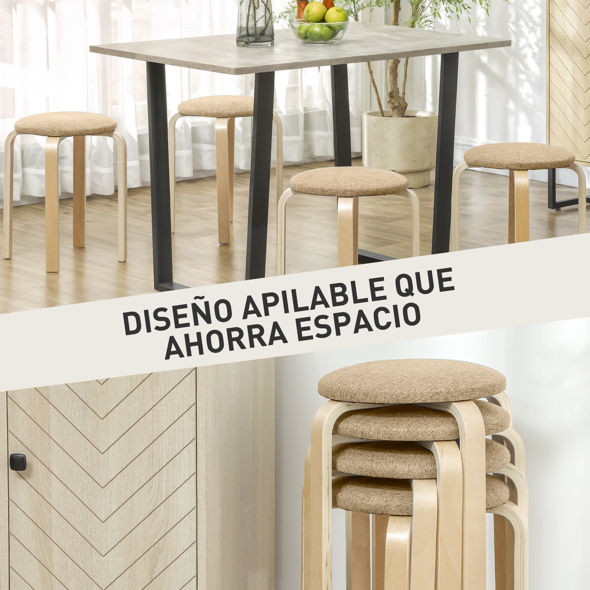 Set of 4 Stackable Round Wooden Stools Low Kitchen Stools with Padded Seat for Dining Room Bedroom Office Living Room Khaki and Natural