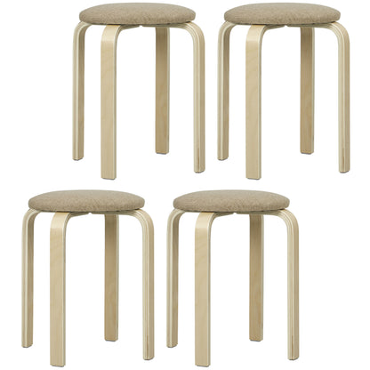 Set of 4 Stackable Round Wooden Stools Low Kitchen Stools with Padded Seat for Dining Room Bedroom Office Living Room Khaki and Natural