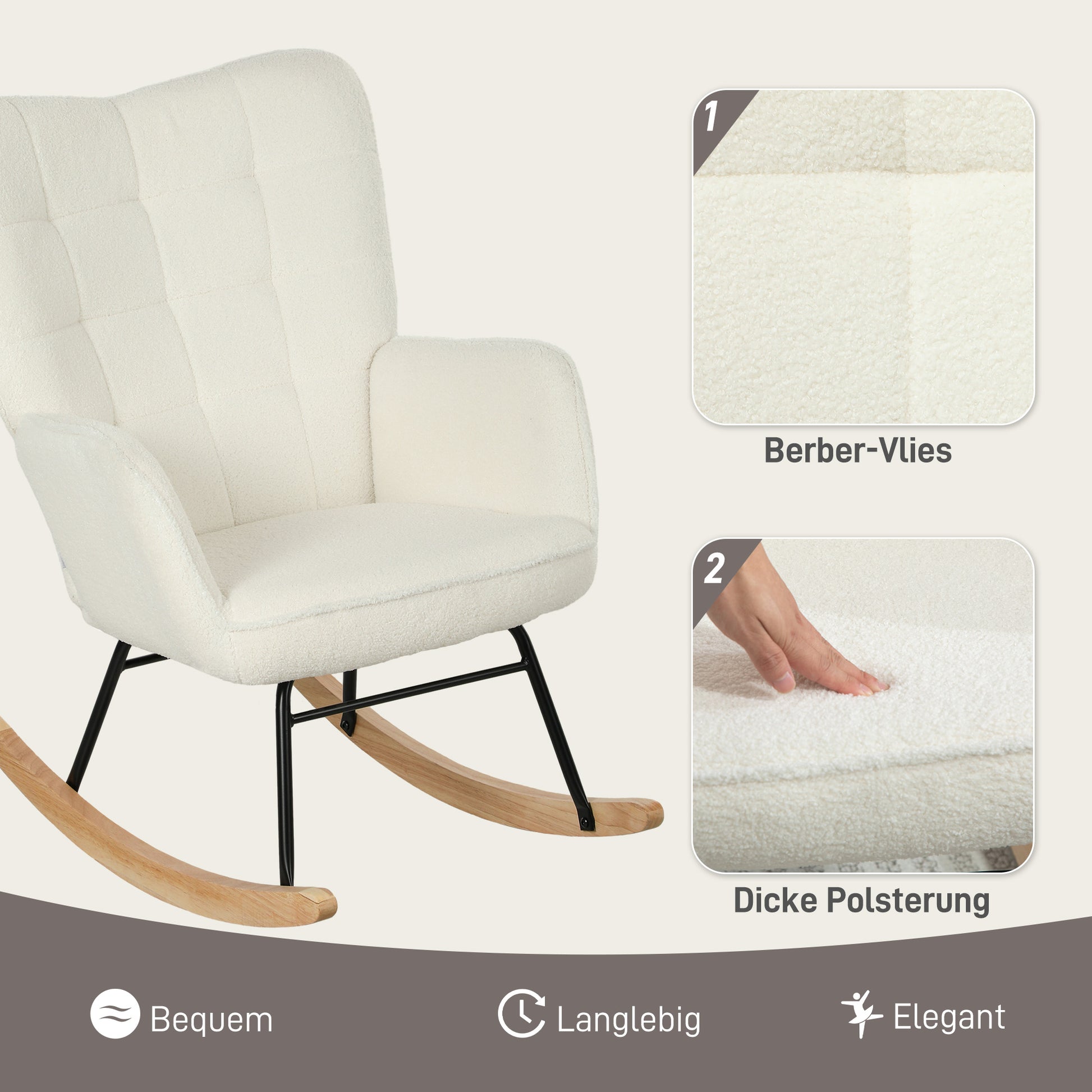 Rocking Chair, Rocking Armchair with Berber Fleece Look, Armrest, Padded Chair with Wooden Rockers, Recliner for Living Room, Bedroom, Supports up to 120kg, White