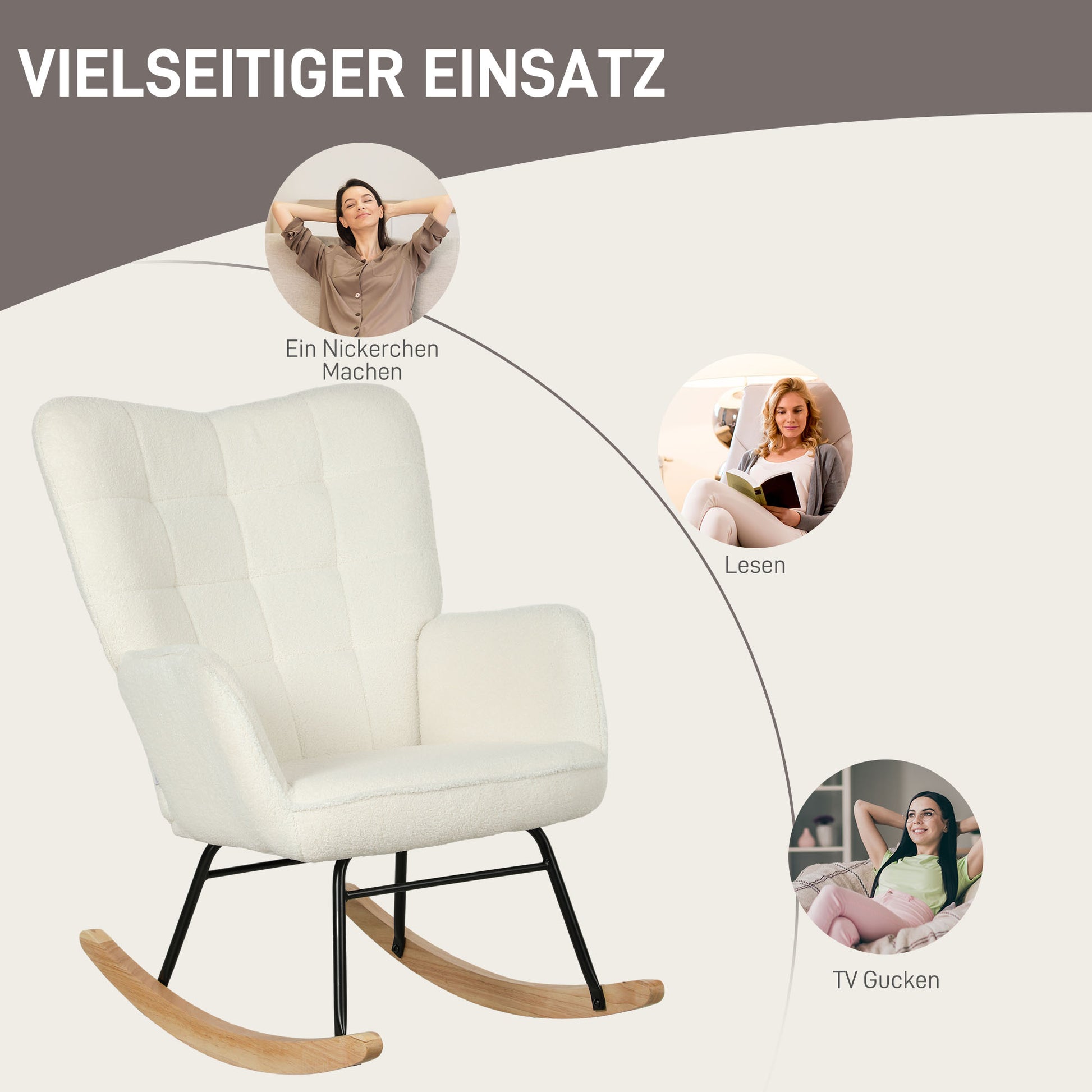 Schaukelstuhl, Schaukelsessel mit Berbervliesoptik, Armlehne, Gepolsterter Sessel mit Holzkufen, Relaxsessel für Wohnzimmer, Schlafzimmer, bis 120kg belastbar, Weiß