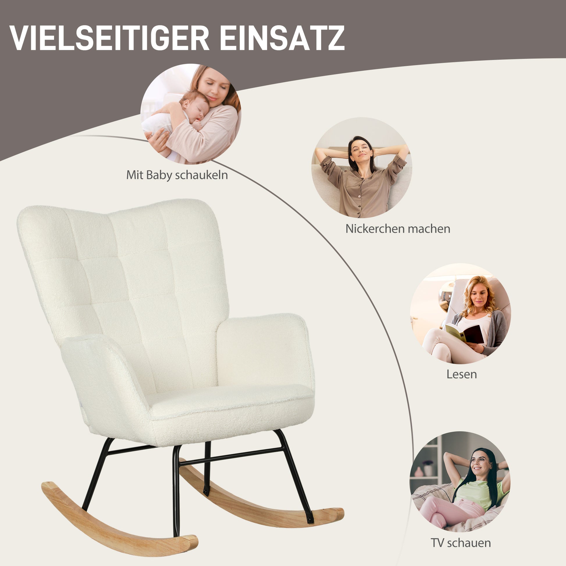 Rocking Chair, Rocking Armchair with Berber Fleece Look, Armrest, Padded Chair with Wooden Rockers, Recliner for Living Room, Bedroom, Supports up to 120kg, White