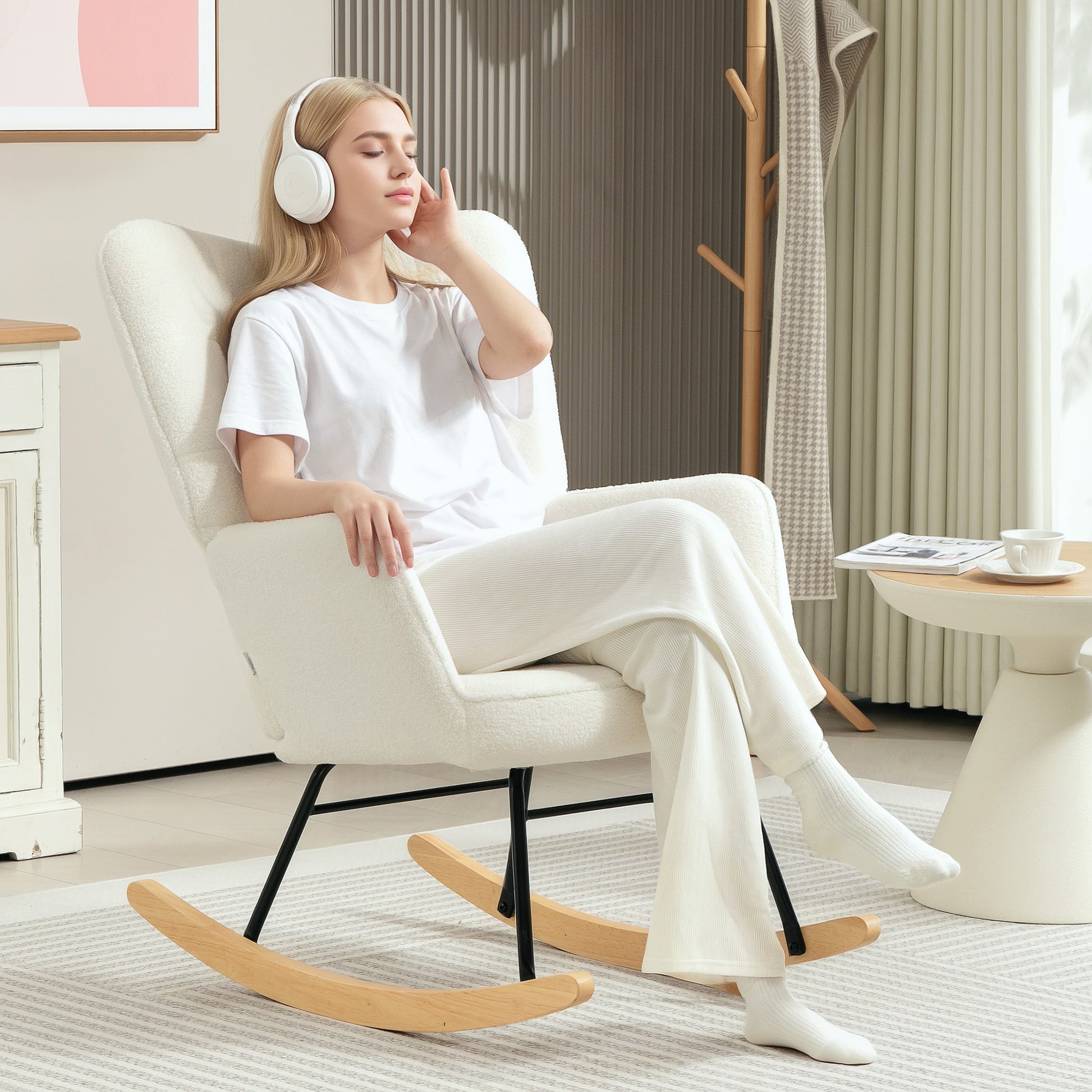 Rocking Chair, Rocking Armchair with Berber Fleece Look, Armrest, Padded Chair with Wooden Rockers, Recliner for Living Room, Bedroom, Supports up to 120kg, White