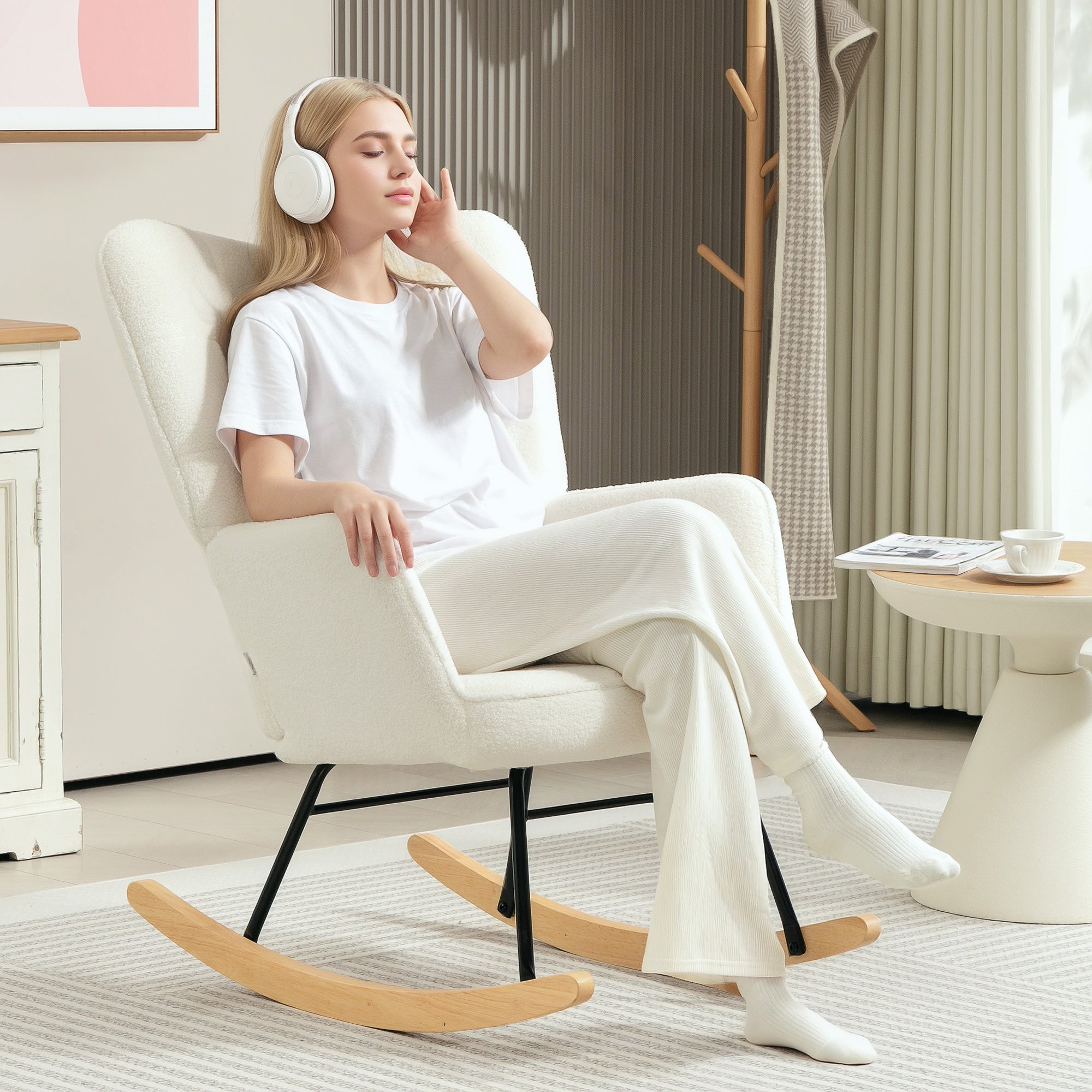 Rocking Chair, Rocking Armchair with Berber Fleece Look, Armrest, Padded Chair with Wooden Rockers, Recliner for Living Room, Bedroom, Supports up to 120kg, White