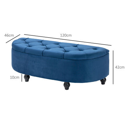 Storage Bench, Tufted Design Half-Circle Storage Chest Ottoman with Velvet Upholstery, Rubber Wood Legs, for Living Room, Bedroom, Entryway, 120 x 46 x 42 cm, Blue