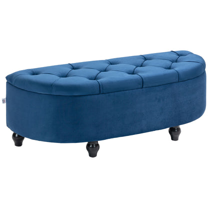 Storage Bench, Tufted Design Half-Circle Storage Chest Ottoman with Velvet Upholstery, Rubber Wood Legs, for Living Room, Bedroom, Entryway, 120 x 46 x 42 cm, Blue
