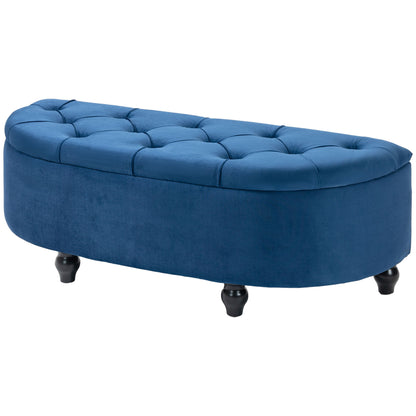 Storage Bench, Tufted Design Half-Circle Storage Chest Ottoman with Velvet Upholstery, Rubber Wood Legs, for Living Room, Bedroom, Entryway, 120 x 46 x 42 cm, Blue