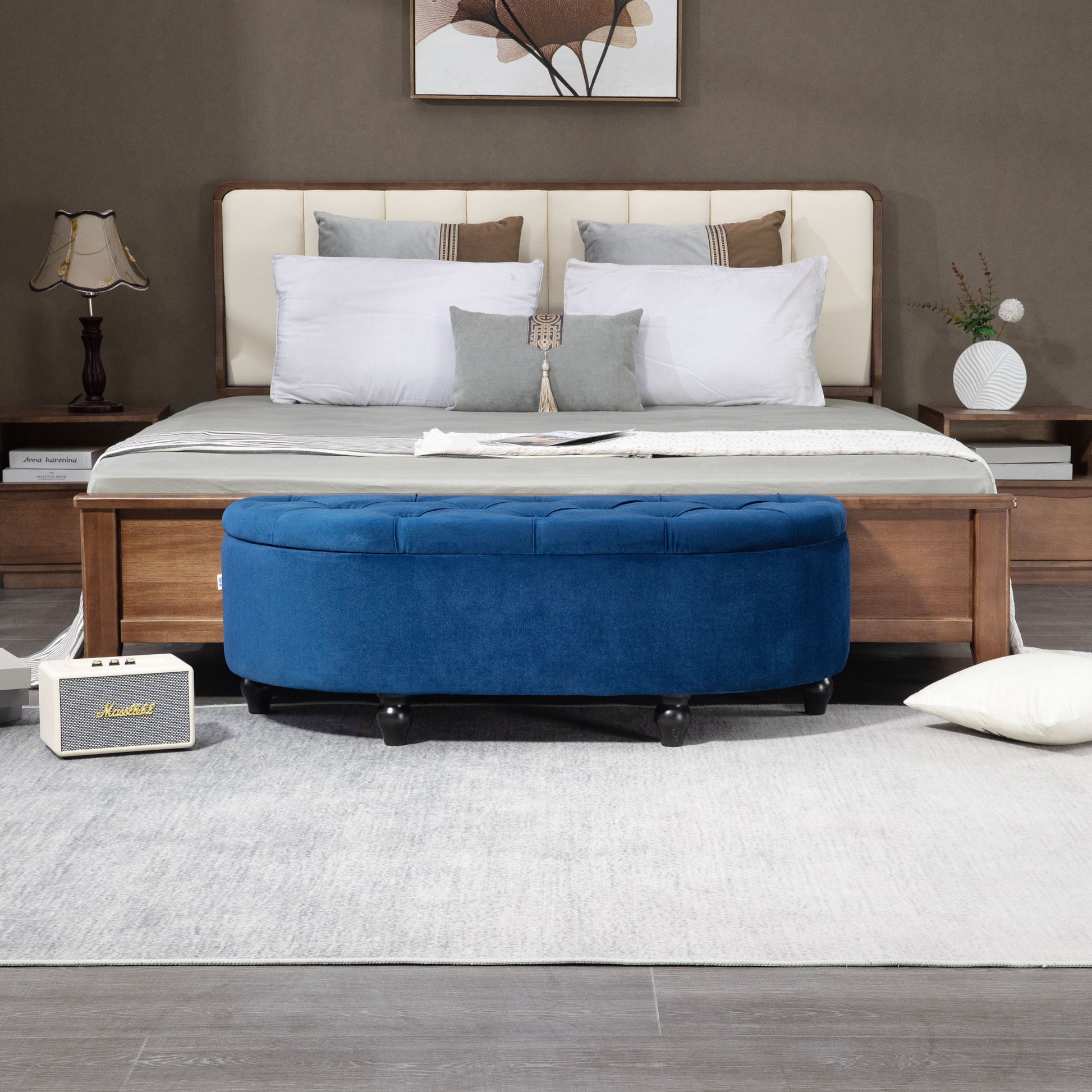 Storage Bench, Tufted Design Half-Circle Storage Chest Ottoman with Velvet Upholstery, Rubber Wood Legs, for Living Room, Bedroom, Entryway, 120 x 46 x 42 cm, Blue