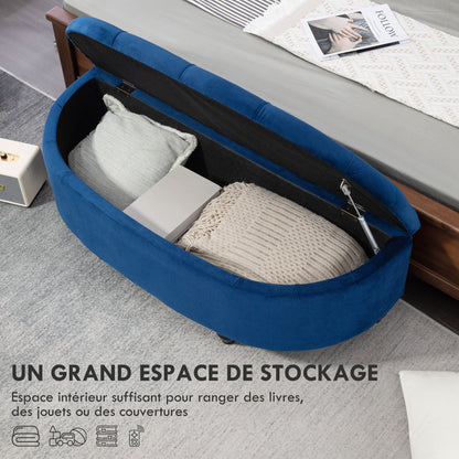 Storage Bench, Tufted Design Half-Circle Storage Chest Ottoman with Velvet Upholstery, Rubber Wood Legs, for Living Room, Bedroom, Entryway, 120 x 46 x 42 cm, Blue