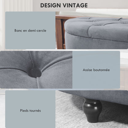 Storage Bench, Tufted Design Half-Circle Storage Chest Ottoman with Velvet Upholstery, Rubber Wood Legs, for Living Room, Bedroom, Entryway, 120 x 46 x 42 cm, Blue