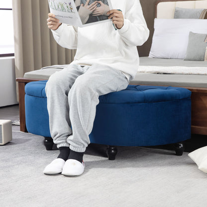 Storage Bench, Tufted Design Half-Circle Storage Chest Ottoman with Velvet Upholstery, Rubber Wood Legs, for Living Room, Bedroom, Entryway, 120 x 46 x 42 cm, Blue