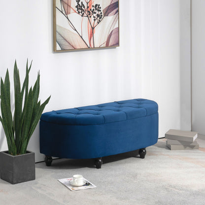 Storage Bench, Tufted Design Half-Circle Storage Chest Ottoman with Velvet Upholstery, Rubber Wood Legs, for Living Room, Bedroom, Entryway, 120 x 46 x 42 cm, Blue