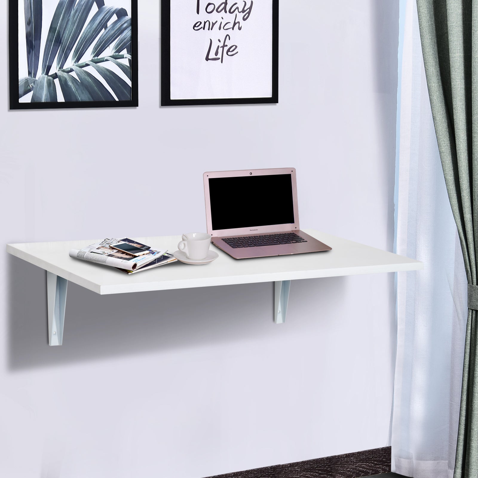 Folding Wall Table Foldable Wall-Mounted Wood Table Space Saving for Kitchen Dining Room Bedroom Load 10 kg 60x40x20 cm White