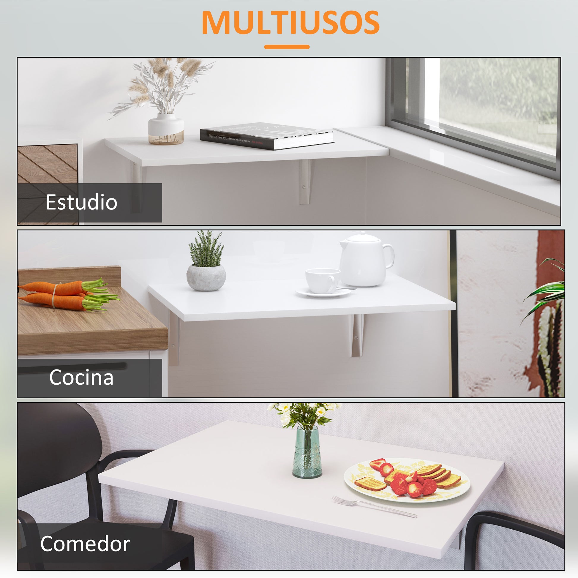 Folding Wall Table Foldable Wall-Mounted Wood Table Space Saving for Kitchen Dining Room Bedroom Load 10 kg 60x40x20 cm White