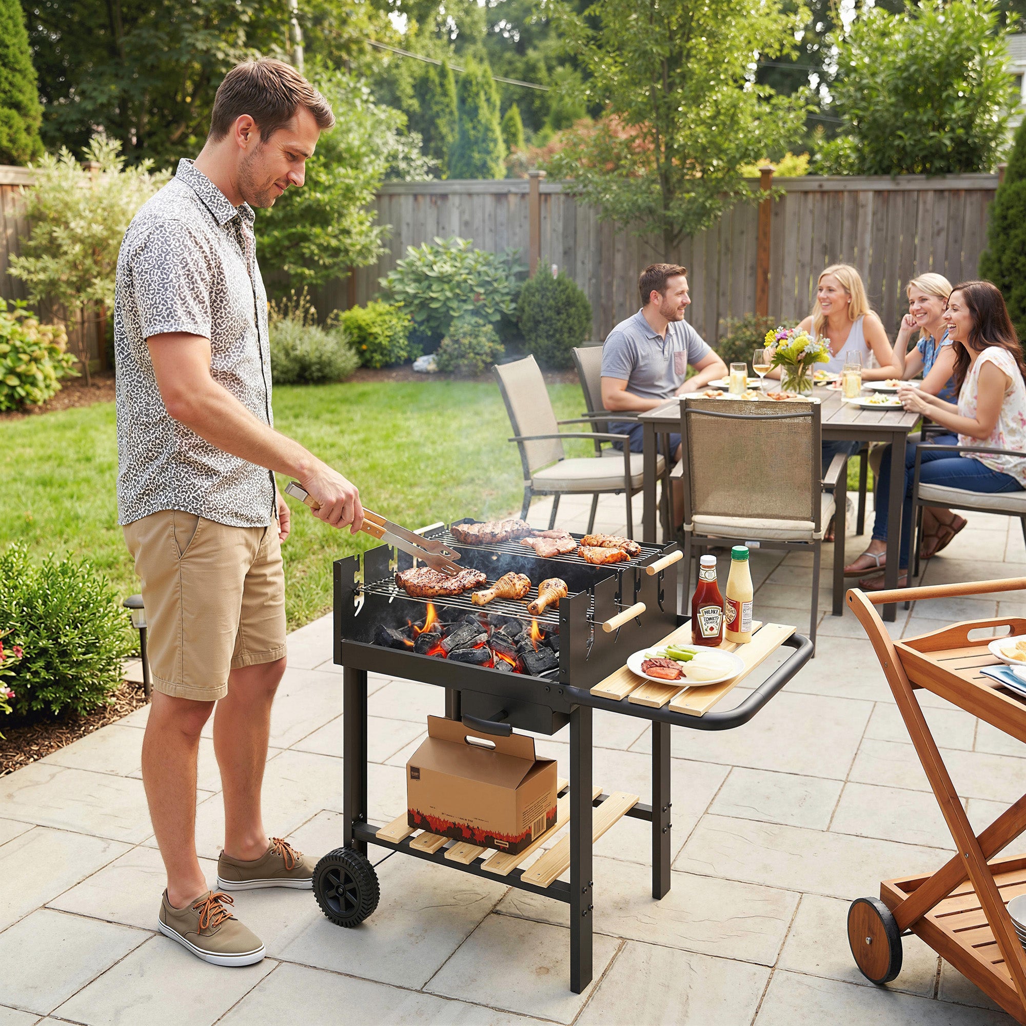 Wood-Trim Charcoal Grill Cart with 2 Adjustable Cooking Grates, Side Shelf, Lower Shelf, Ash Drawer & Wheels — Black