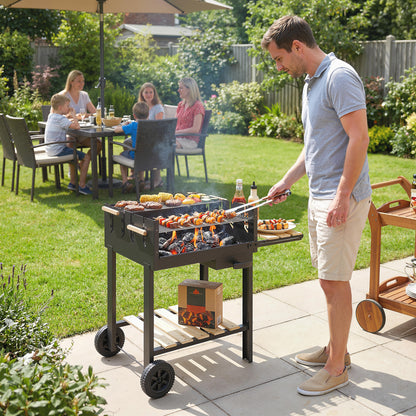 Wood-Trim Charcoal Grill Cart with 2 Adjustable Cooking Grates, Side Shelf, Lower Shelf, Ash Drawer & Wheels — Black