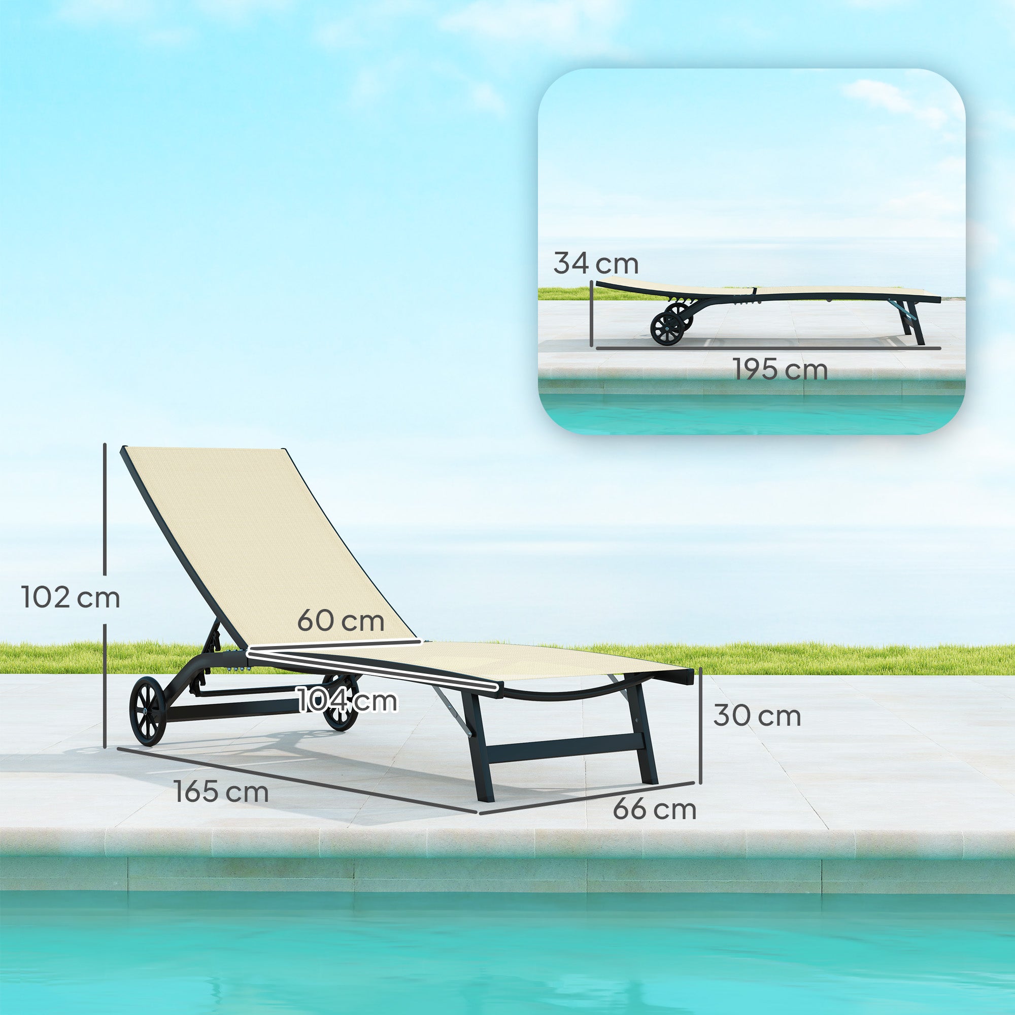 Set of 2 reclining sun loungers aluminum and textilene with wheels multi-position backrest max. load 150 kg khaki