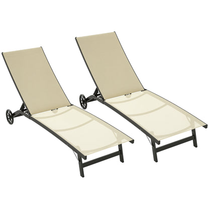 Set of 2 reclining sun loungers aluminum and textilene with wheels multi-position backrest max. load 150 kg khaki
