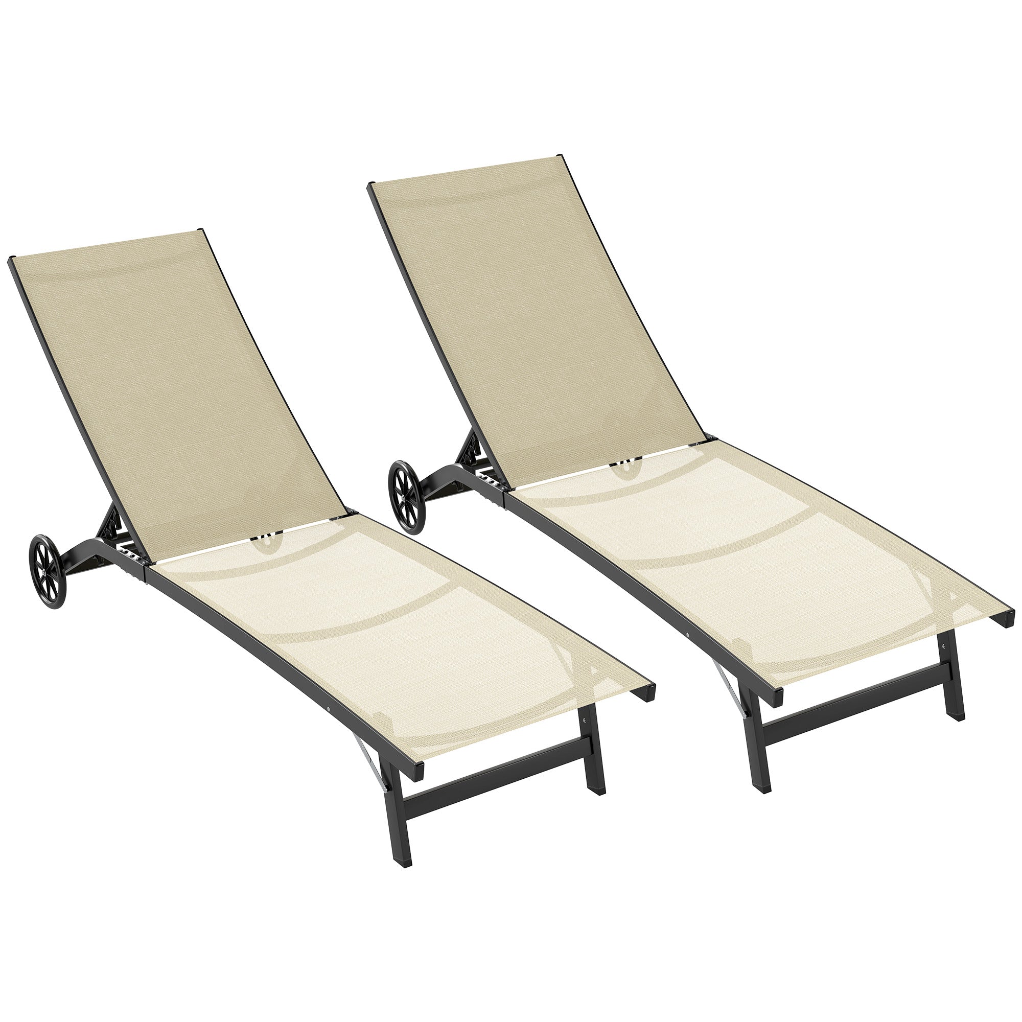 Set of 2 reclining sun loungers aluminum and textilene with wheels multi-position backrest max. load 150 kg khaki