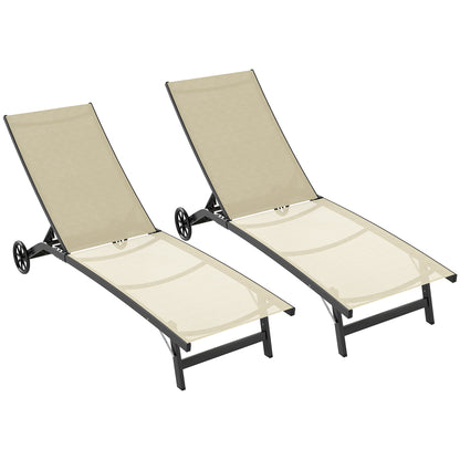 Set of 2 reclining sun loungers aluminum and textilene with wheels multi-position backrest max. load 150 kg khaki