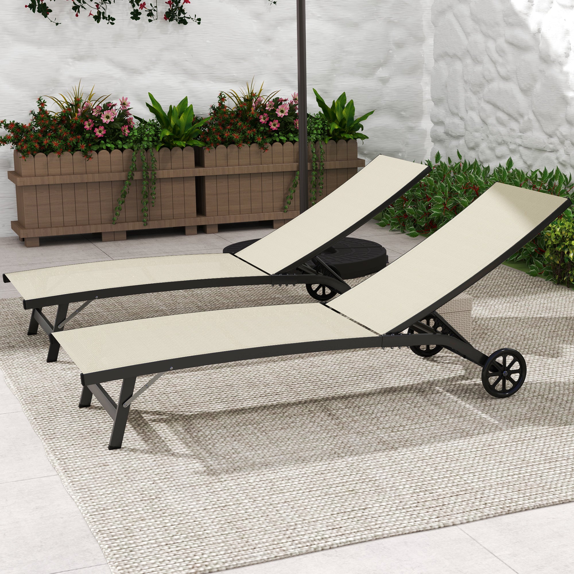 Set of 2 reclining sun loungers aluminum and textilene with wheels multi-position backrest max. load 150 kg khaki