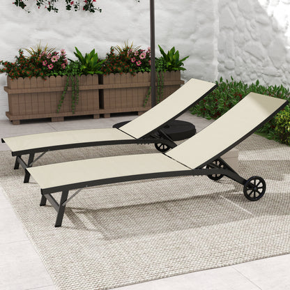 Set of 2 reclining sun loungers aluminum and textilene with wheels multi-position backrest max. load 150 kg khaki