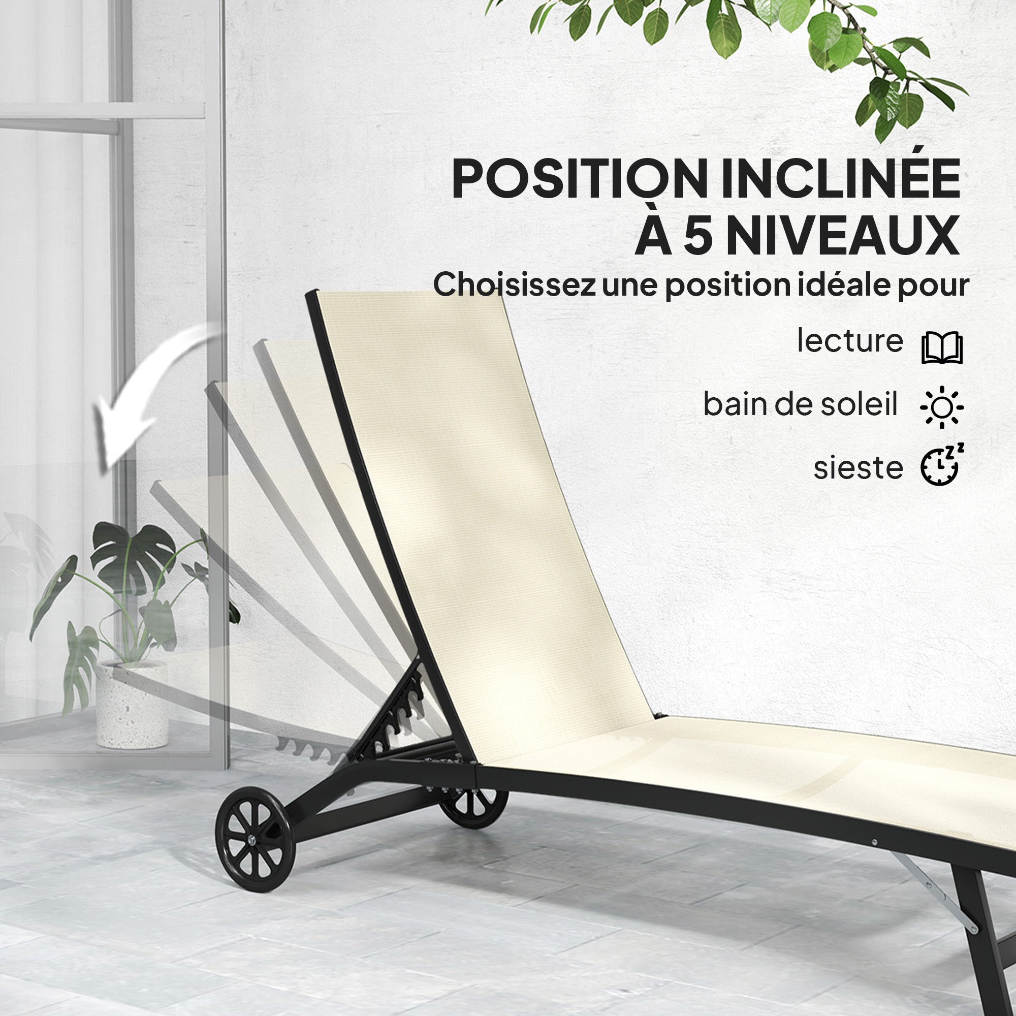 Set of 2 reclining sun loungers aluminum and textilene with wheels multi-position backrest max. load 150 kg khaki