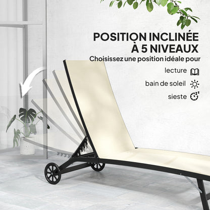 Set of 2 reclining sun loungers aluminum and textilene with wheels multi-position backrest max. load 150 kg khaki