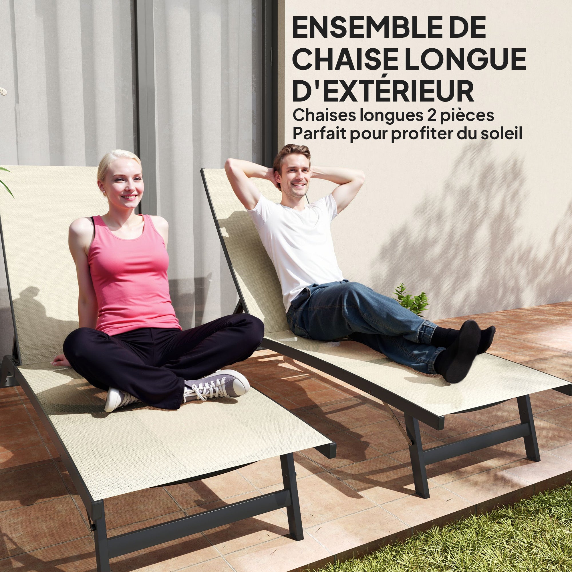 Set of 2 reclining sun loungers aluminum and textilene with wheels multi-position backrest max. load 150 kg khaki