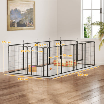 Dog Playpen, 12 Panel Modular and Foldable Dog Pen, Portable Steel Enclosure 80H cm with 2 Doors, Fence for Small and Medium Dogs, Indoor and Outdoor, Black