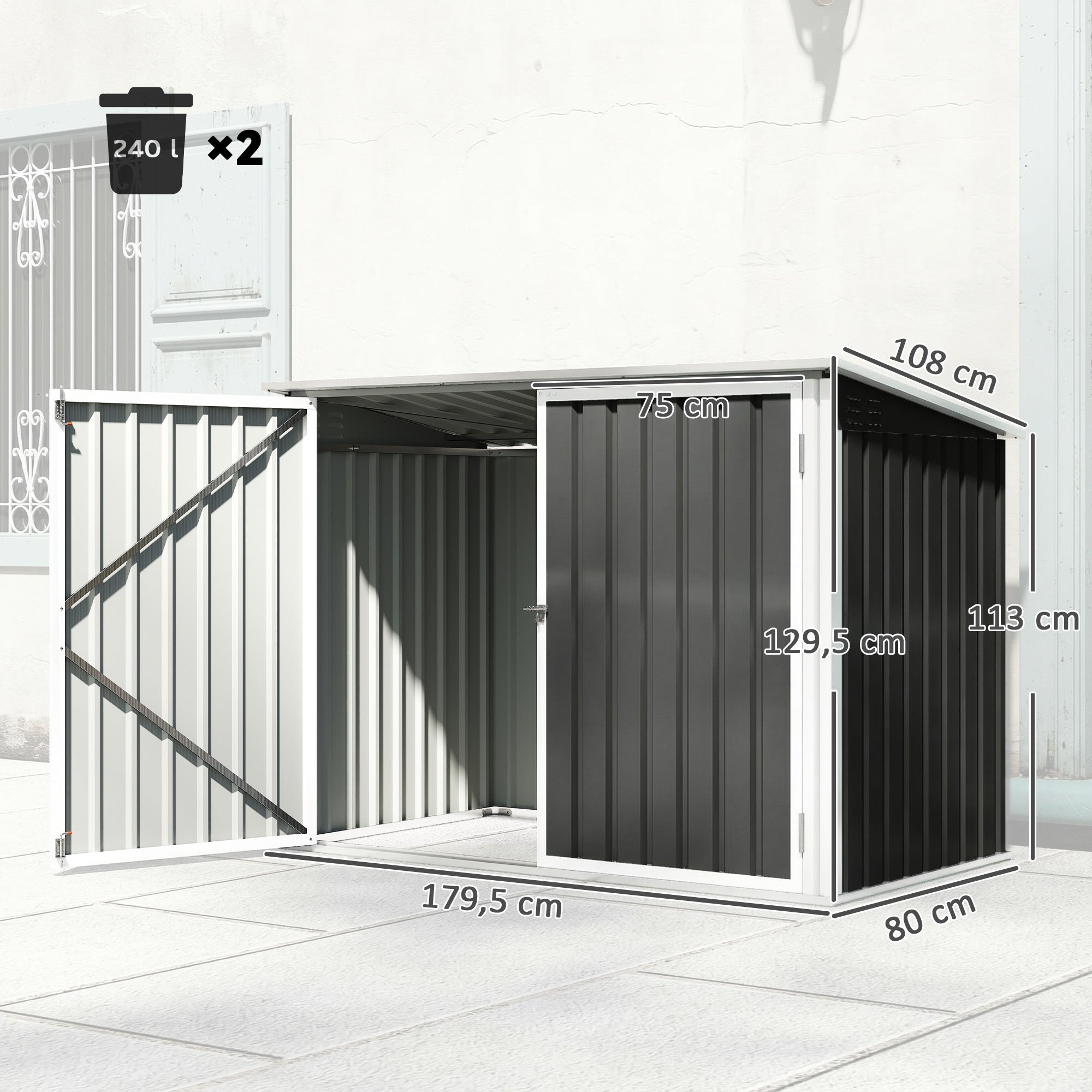Double Trash Bin Storage Shed — Galvanized Steel, Gas-Strut Hinged Lid & Lockable Double Doors, Dark Gray, 70.7×42.5×44.5–51 in