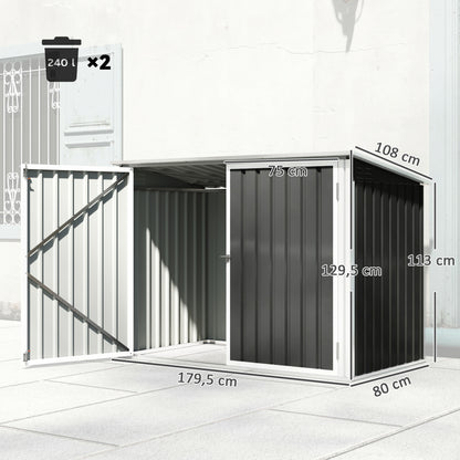 Double Trash Bin Storage Shed — Galvanized Steel, Gas-Strut Hinged Lid & Lockable Double Doors, Dark Gray, 70.7×42.5×44.5–51 in