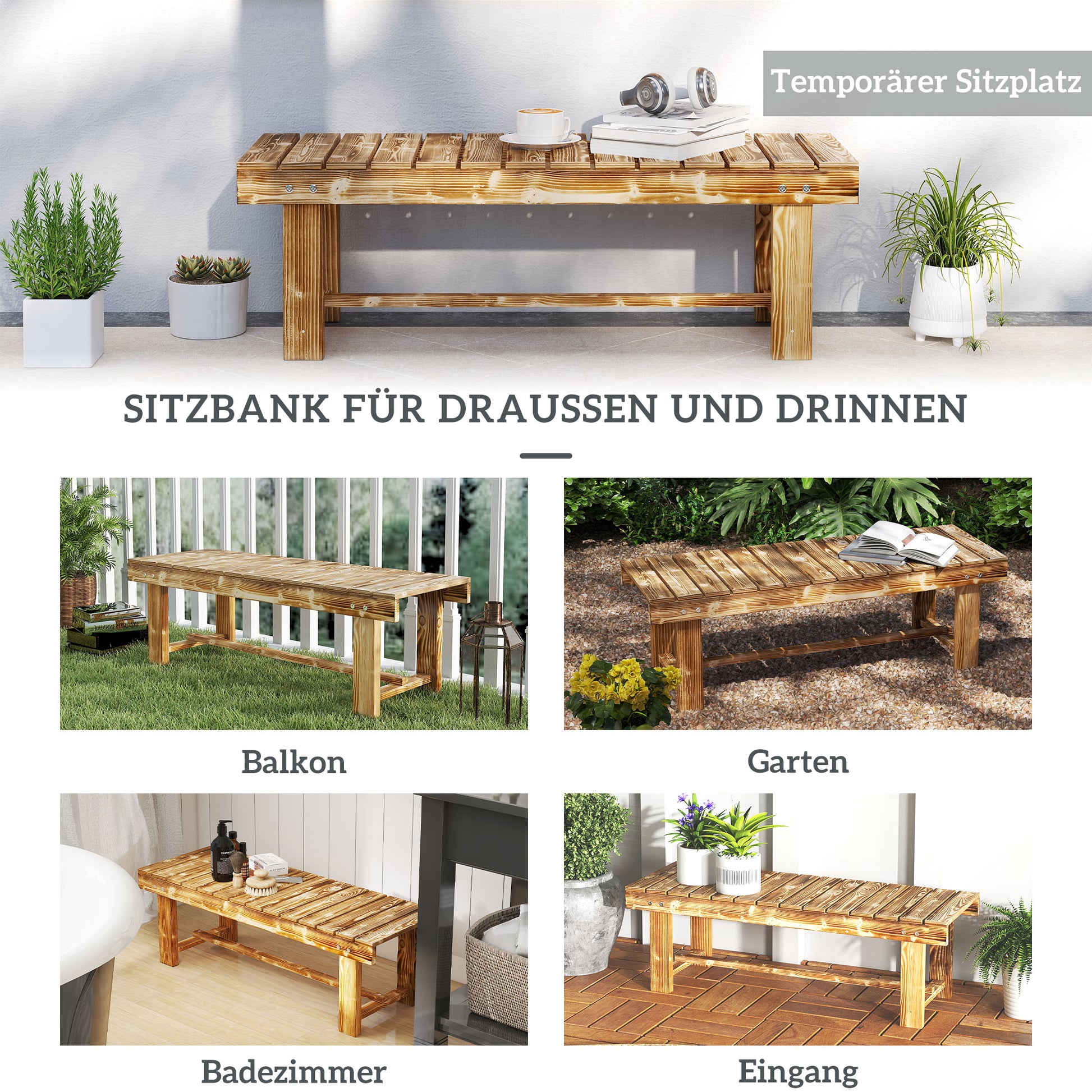 Garden Bench, 2-Seater Wood Bench, Seat Bench, Garden Furniture, Rustic Bench, Solid Wood, Dark Brown, 110 x 38 x 35 cm