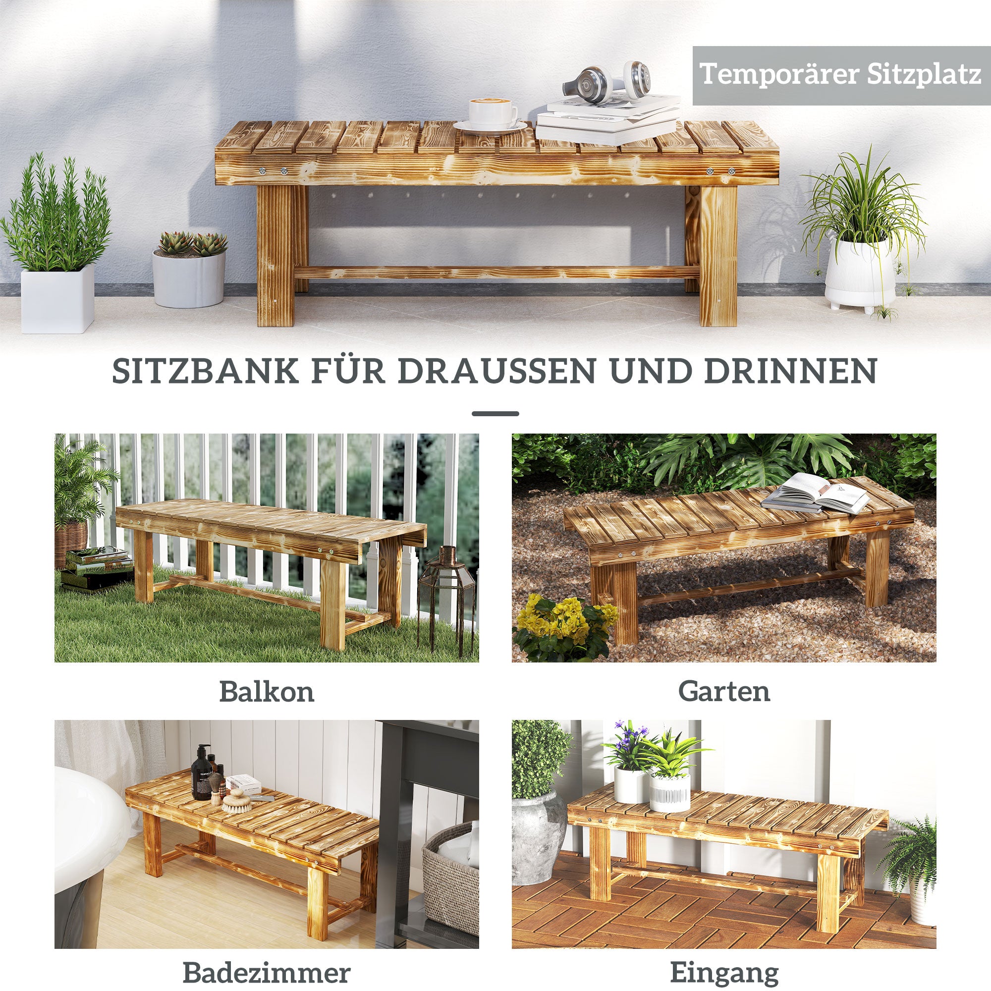 Garden Bench, 2-Seater Wood Bench, Seat Bench, Garden Furniture, Rustic Bench, Solid Wood, Dark Brown, 110 x 38 x 35 cm