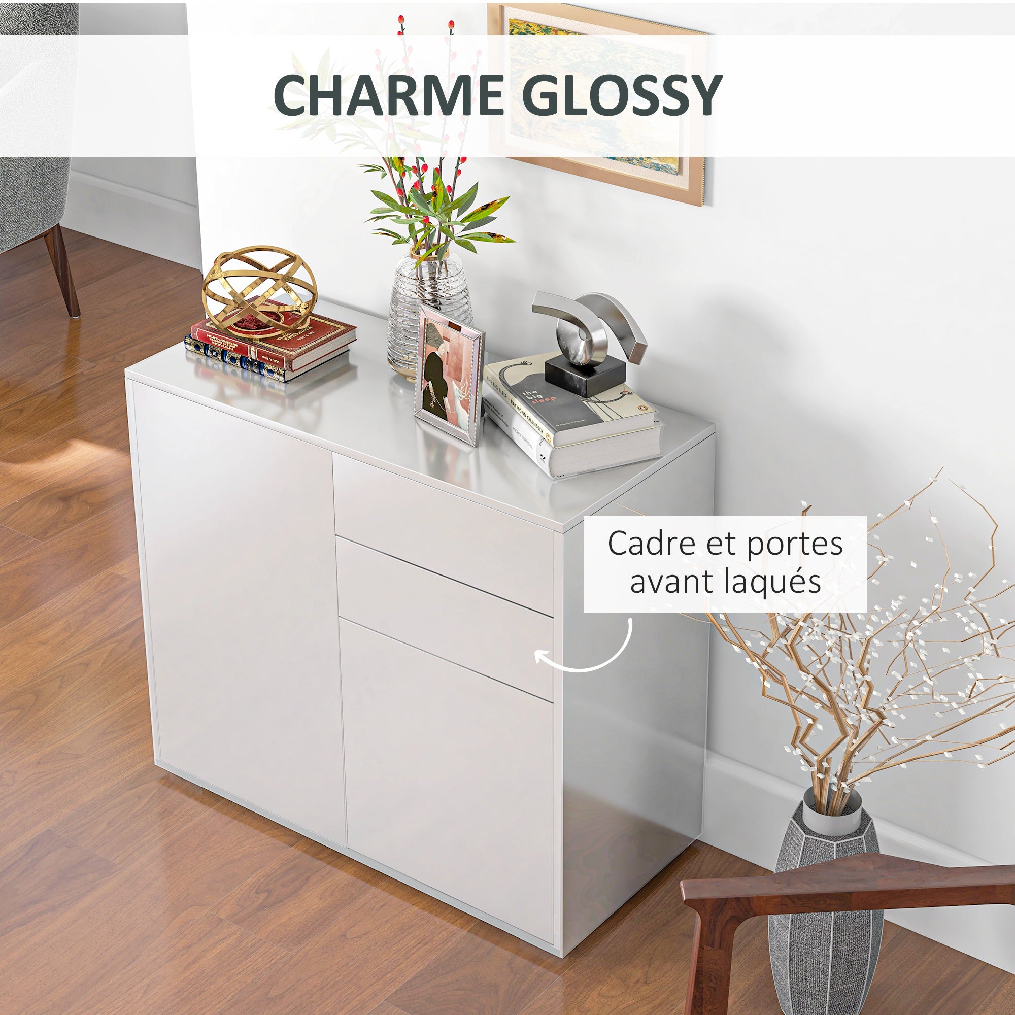 Storage cabinet buffet sideboard storage cabinet with 2 drawers and 2 door cabinets, adjustable shelves, for living room, kitchen, bedroom, 79 x 36 x 74 cm glossy white