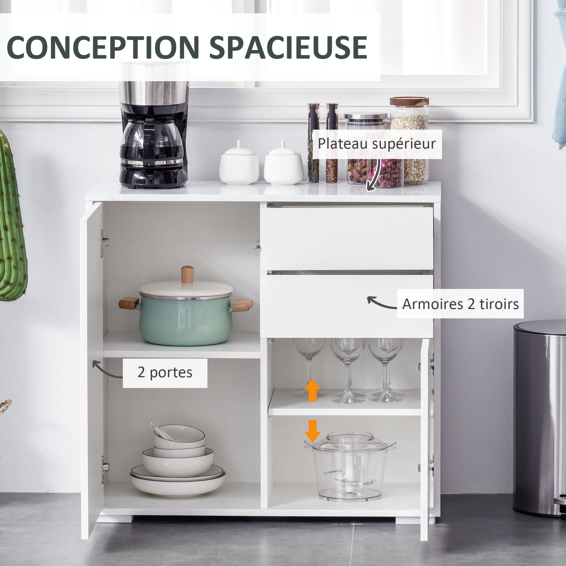 Storage cabinet buffet sideboard storage cabinet with 2 drawers and 2 door cabinets, adjustable shelves, for living room, kitchen, bedroom, 79 x 36 x 74 cm glossy white