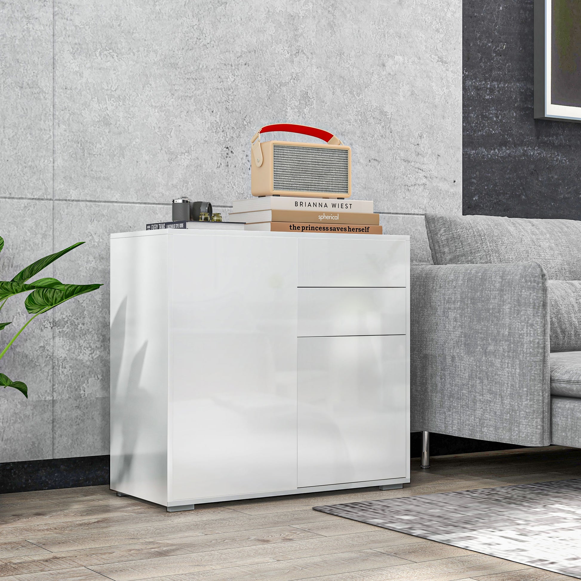 Storage cabinet buffet sideboard storage cabinet with 2 drawers and 2 door cabinets, adjustable shelves, for living room, kitchen, bedroom, 79 x 36 x 74 cm glossy white