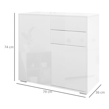 Storage cabinet buffet sideboard storage cabinet with 2 drawers and 2 door cabinets, adjustable shelves, for living room, kitchen, bedroom, 79 x 36 x 74 cm glossy white