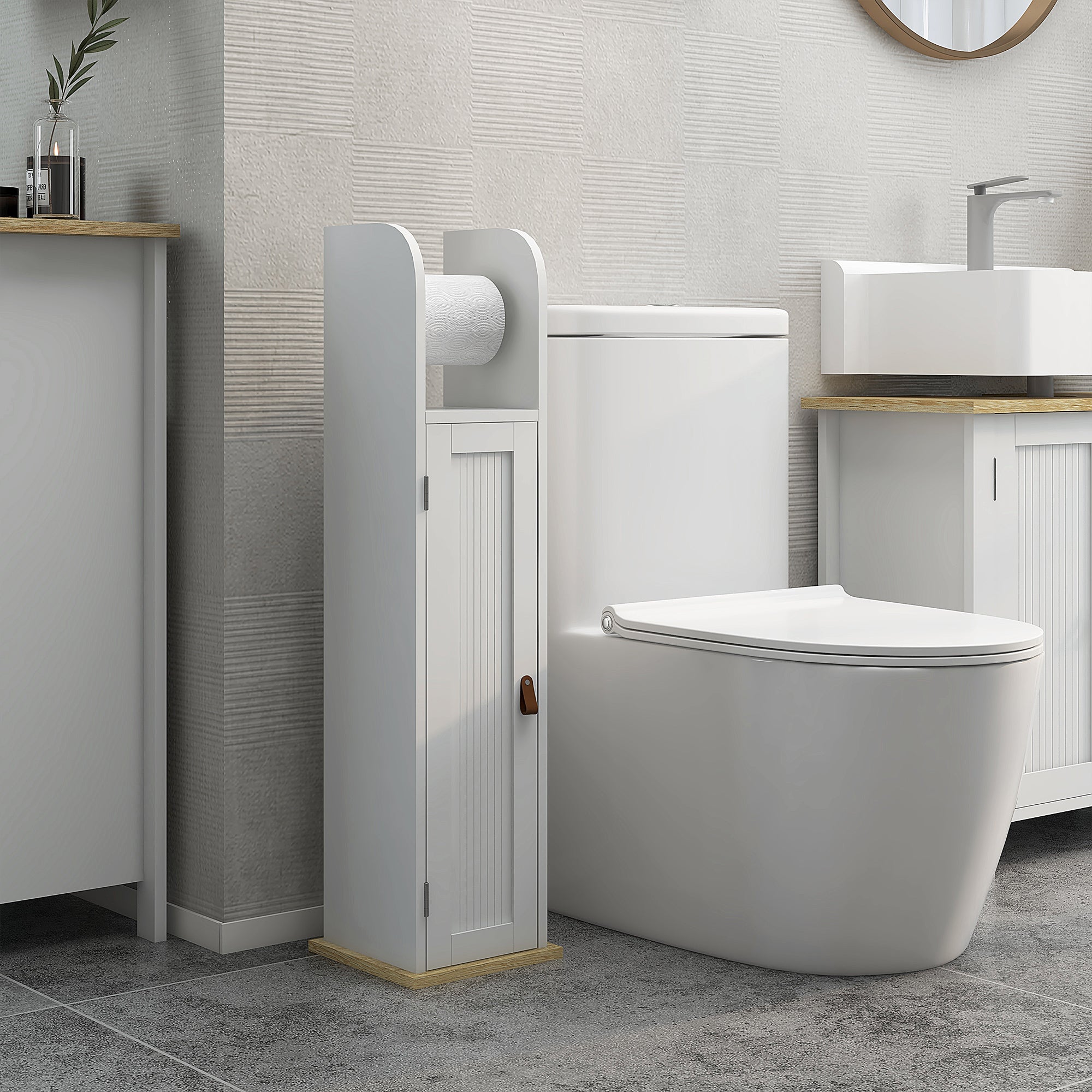 Bathroom Column Bathroom Cabinet with Open Compartment Door 2 Adjustable Shelves and Roll Holder Modern Style 20x20x80 cm White