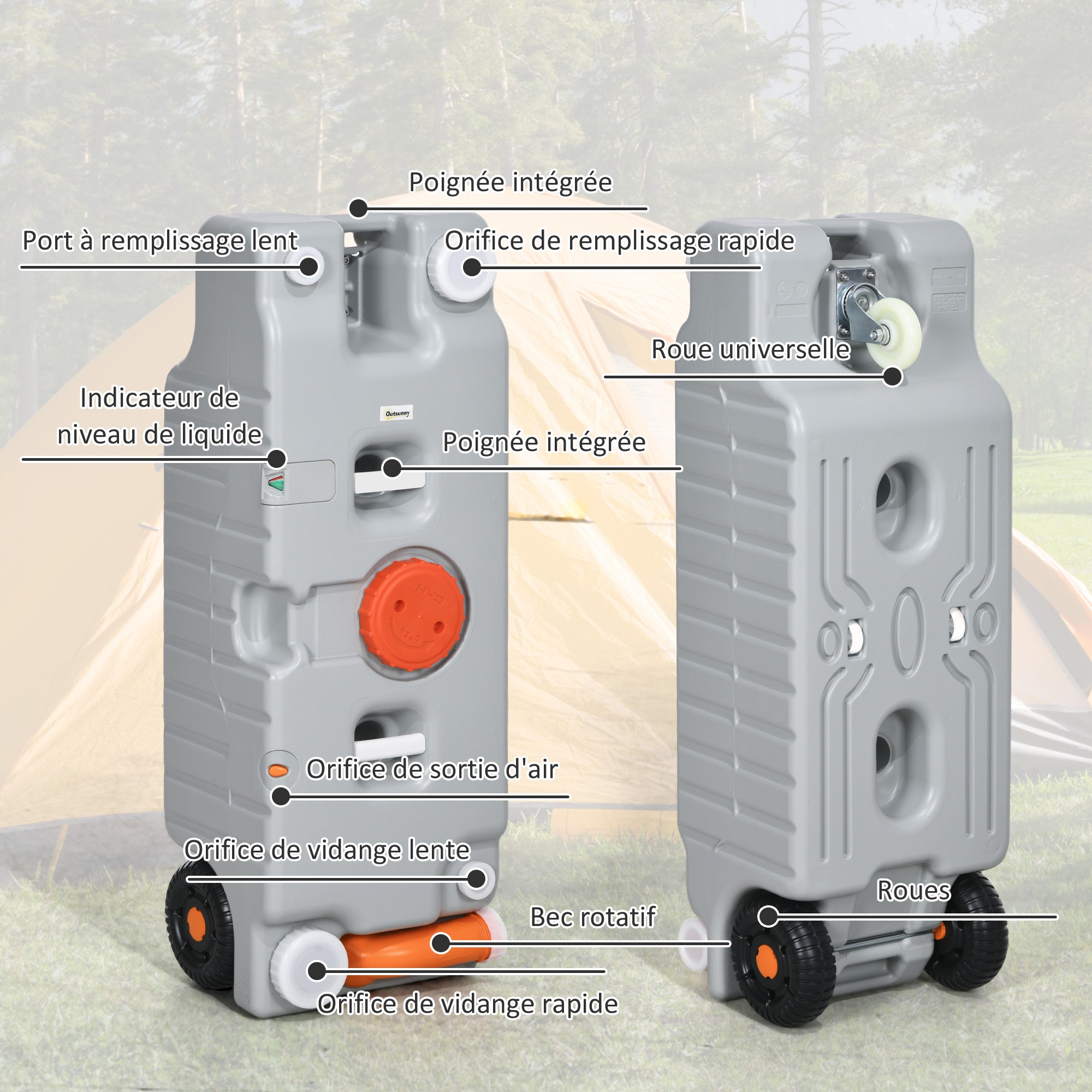 75-liter Portable Water Tank with Level Indicator, 3 Wheels, and Handle for Camping