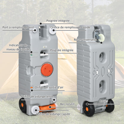 75-liter Portable Water Tank with Level Indicator, 3 Wheels, and Handle for Camping